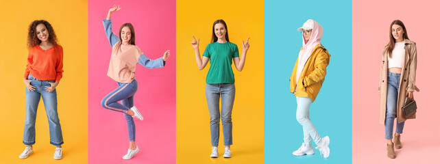 Set of fashionable women in stylish clothes on color background
