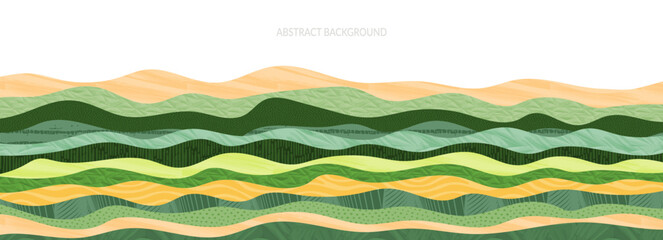 Abstract farm field collage horizontal background. Agriculture banner backdrop, nature landscape vector textured illustration. Green decorative header, eco design, rural template, ecology art layout