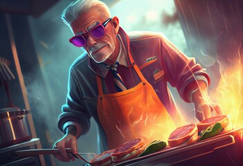 A cool cook with glasses cooks food on fire. An elderly man chef is cooking steaks on fire, photo Art style. High dynamics in the photo, beautiful composition, cooking