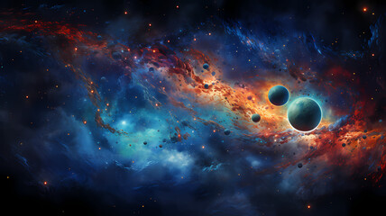 
A watercolor painting of a cosmic scene, with planets, stars, and nebulae in vibrant colors and swirls