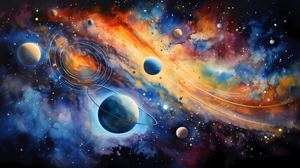 
A watercolor painting of a cosmic scene, with planets, stars, and nebulae in vibrant colors and swirls - obrazy, fototapety, plakaty