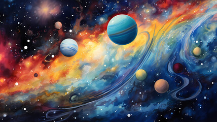 
A watercolor painting of a cosmic scene, with planets, stars, and nebulae in vibrant colors and swirls