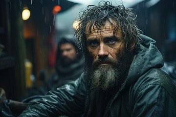 Obraz premium Weary Man in the Rain - Grit, survival, concept of endurance and weathering life’s storms.