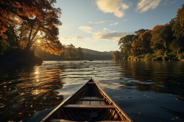 Canoe on a Peaceful River at Sunset - Serenity, exploration, concept of peaceful journey and natural tranquility.