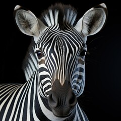 Fototapeta na wymiar Striking Zebra Portrait Against Black - Vibrant contrast, wild essence, concept of wildlife beauty and natural patterns.