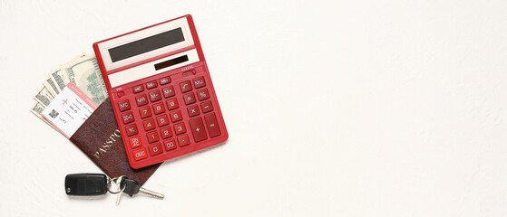 Calculator, passport, ticket, money and car keys on light background with space for text