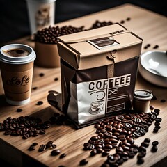 On a wooden background there is a linen bag with scattered roasted coffee beans, a mug, a coffee pot, a wooden spatula and burlap. Side view. The concept of the ceremony of making coffee. High quality