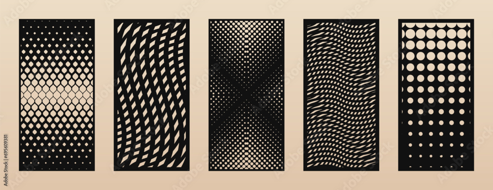 Poster laser cut pattern set. vector design with modern abstract geometric texture, halftone grid, mesh, gr