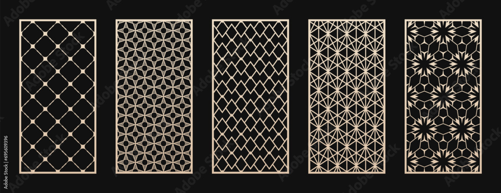 Poster Laser cut, CNC cutting patterns set. Abstract vector geometric ornaments with thin lines, grid, lattice. Modern arabesque style. Cutting stencil for wood panel, metal, plastic, paper. Aspect ratio 1:2