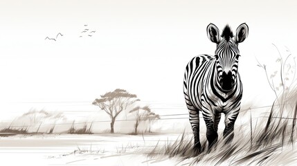 An illustration of a zebra by drawing a linear design. Black and white paint. Generative AI