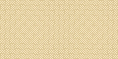 Golden abstract geometric seamless pattern. Stylish minimal ornament with lines, squares, grid, lattice, repeat tiles. Simple gold geo texture. Modern geometrical background. Luxury vector design