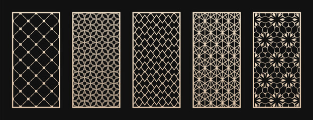 Laser cut, CNC cutting patterns set. Abstract vector geometric ornaments with thin lines, grid, lattice. Modern arabesque style. Cutting stencil for wood panel, metal, plastic, paper. Aspect ratio 1:2