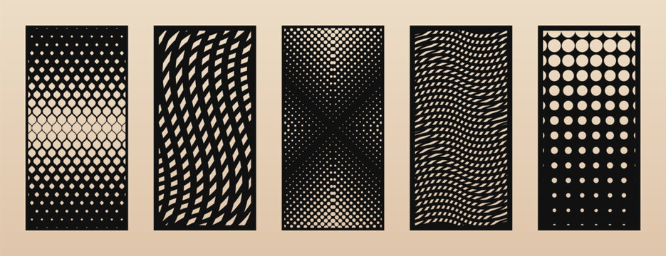 Laser cut pattern set. Vector design with modern abstract geometric texture, halftone grid, mesh, groovy shapes. Template for cnc cutting, decorative panels of wood, metal, paper. Aspect ratio 1:2