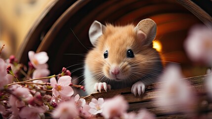 Cute hamster with a flower in nature's beauty.. Generative AI