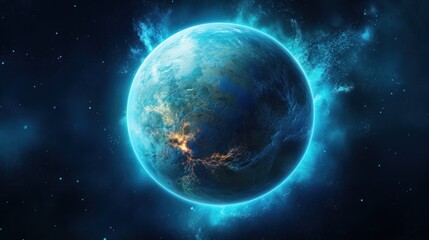  an artist's rendering of a blue planet with a star cluster in the middle of the planet's atmosphere.