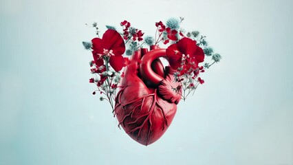 Human heart with wild colorful flowers. Flat lay. Top view