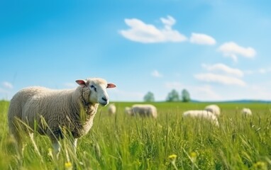 Fototapeta premium Sheep grazing on a lush green field