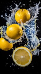 Falling cut halves lemons. Splashes of water 