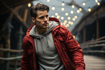 Contemplative Man in Urban Setting: A stylish man in a red jacket gazes away thoughtfully, with city lights softly blurred in the background.