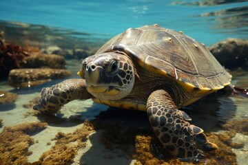 Sea Turtle in Shallow Waters: An intimate glimpse of a sea turtle swimming near the water's surface, highlighting the grace of marine life.
