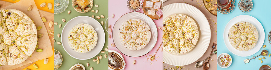 Collage of tasty Tahini halva with pistachio nuts on color background, top view