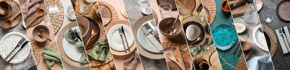 Set of eco table settings on color background