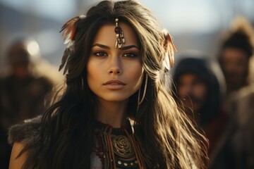 Tribal Beauty in Focus: A woman with tribal adornments gazes fiercely, signifying strength and cultural pride.