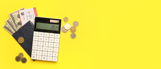 Calculator with passport, ticket and money on yellow background with space for text - obrazy, fototapety, plakaty