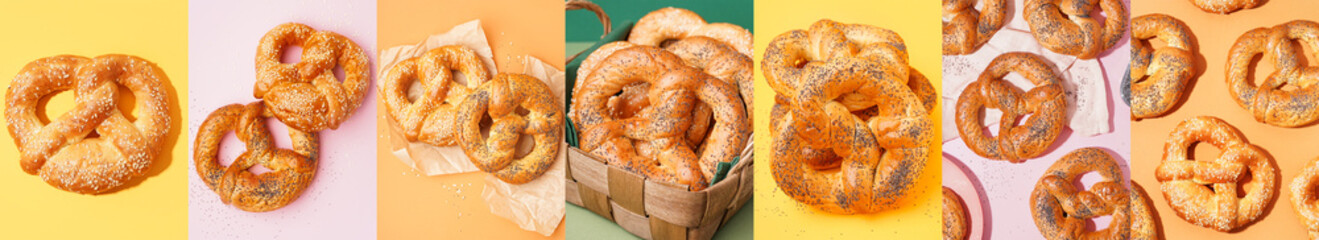 Set of tasty pretzels on color background