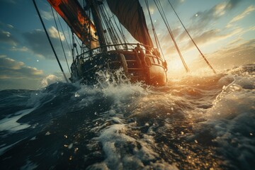 Sailing into the Sunset: A ship's bow cuts through ocean waves at dusk, symbolizing adventure and...