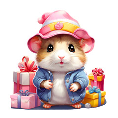 sticker Isolated  cute hamster wearing a pink hat  and jacket with gift boxes. Transparent background. Generative AI