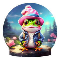 sticker isolated cute frog wearing a pink hat on nature background. Transparent background. Generative AI