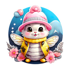Sticker isolated  stiker cute cartoon  bee wearing a pink hat with flowers on nature background. Transparent background. Generative AI