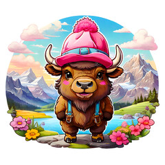 Sticker isolated cute cartoon bison wearing a pink hat. Transparent background. Generative AI
