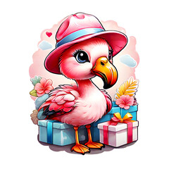 Sticker isolated cute cartoon pink flamingo wearing a pink hat with gift boxes. Transparent background. Generative AI