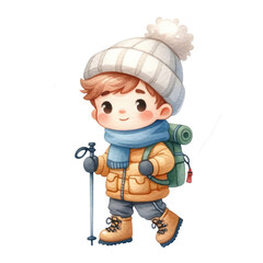 Watercolor Cute Kid in Winter Season. Boy Snow Trekking Clipart. Winter Season Concept. Watercolor Cozy Kid in Winter Season Illustration.