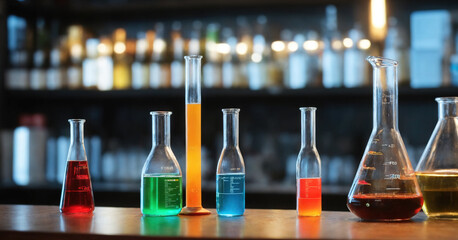 A colorful chemistry experiment unfolds in a laboratory setting, with beakers, flasks, and tubes...
