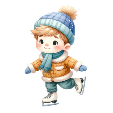 Watercolor Cute Kid in Winter Season. Boy Ice Skating Clipart. Winter Season Concept. Watercolor Cozy Kid in Winter Season Illustration.