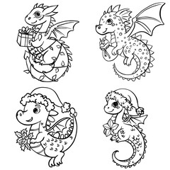 cute baby dragon in santa hat line sketch isolated on white background . cartoon character, green wood symbol of new 2024 year. Christmas design for greeting card, sticker and print