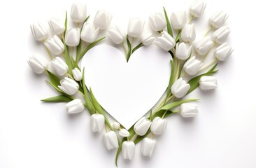 white sheet heart surrounded by flower bouquets and tulips Valentine's day