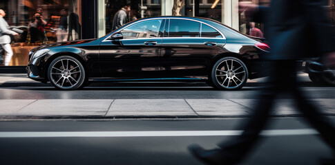 Sleek black luxury sedan in motion on city street, embodying sophistication and modern design with pedestrians in motion blur.