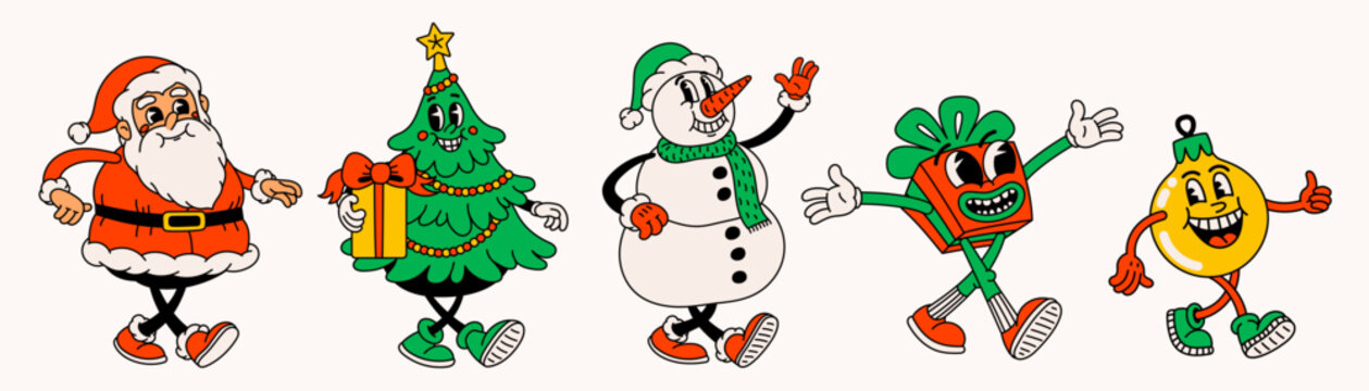 Retro style Christmas cartoon characters. Groovy vintage 70s funny Santa Claus, ball, snowman, gift and Christmas tree with happy faces