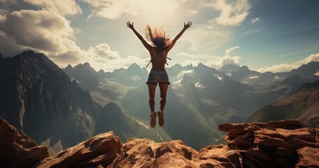 young woman jumping for joy on the mountains - obrazy, fototapety, plakaty