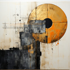 Abstract painting with gold circle, black blocks, and dripping paint details on a white canvas.