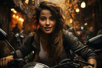 Fototapeta na wymiar Adventurous Woman on Motorcycle, her exhilarated expression conveys freedom and the thrill of a bustling city ride.