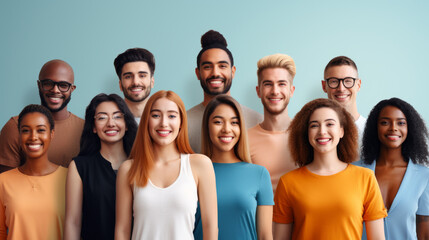 Multiracial group of smiling people standing in rows on teal background.