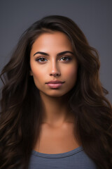 Naklejka premium Portrait of a young woman with long wavy hair, wearing a blue top, with a soft focused, grey background.