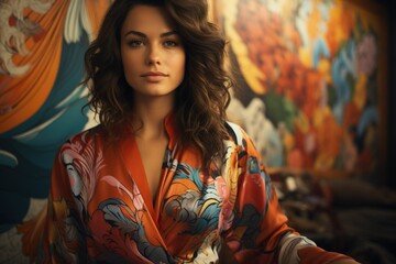 Elegantly Poised Woman with Floral Backdrop, her captivating gaze and stylish attire resonate with artistic flair and sophistication.