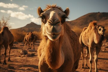 Curious camel facing the camera in a desert landscape, embodying the essence of wildlife and adventure.
