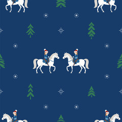 Seamless vector drawing on a dark blue background. Cute kids on horseback, Christmas illustration for kids. Design for fabric, wallpaper, textiles, wrapping paper and decor